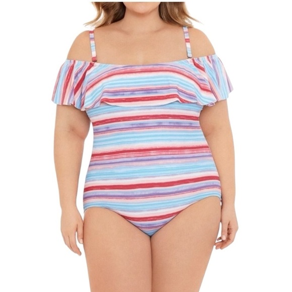 NWOT! Time and Tru Off the Shoulder Rainbow Multicolor One Piece Swimsuit. 12/14 - Picture 1 of 13